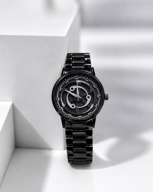 Matte Black Wheel Spin Rim Men’s Watch – Sleek Sports Edition